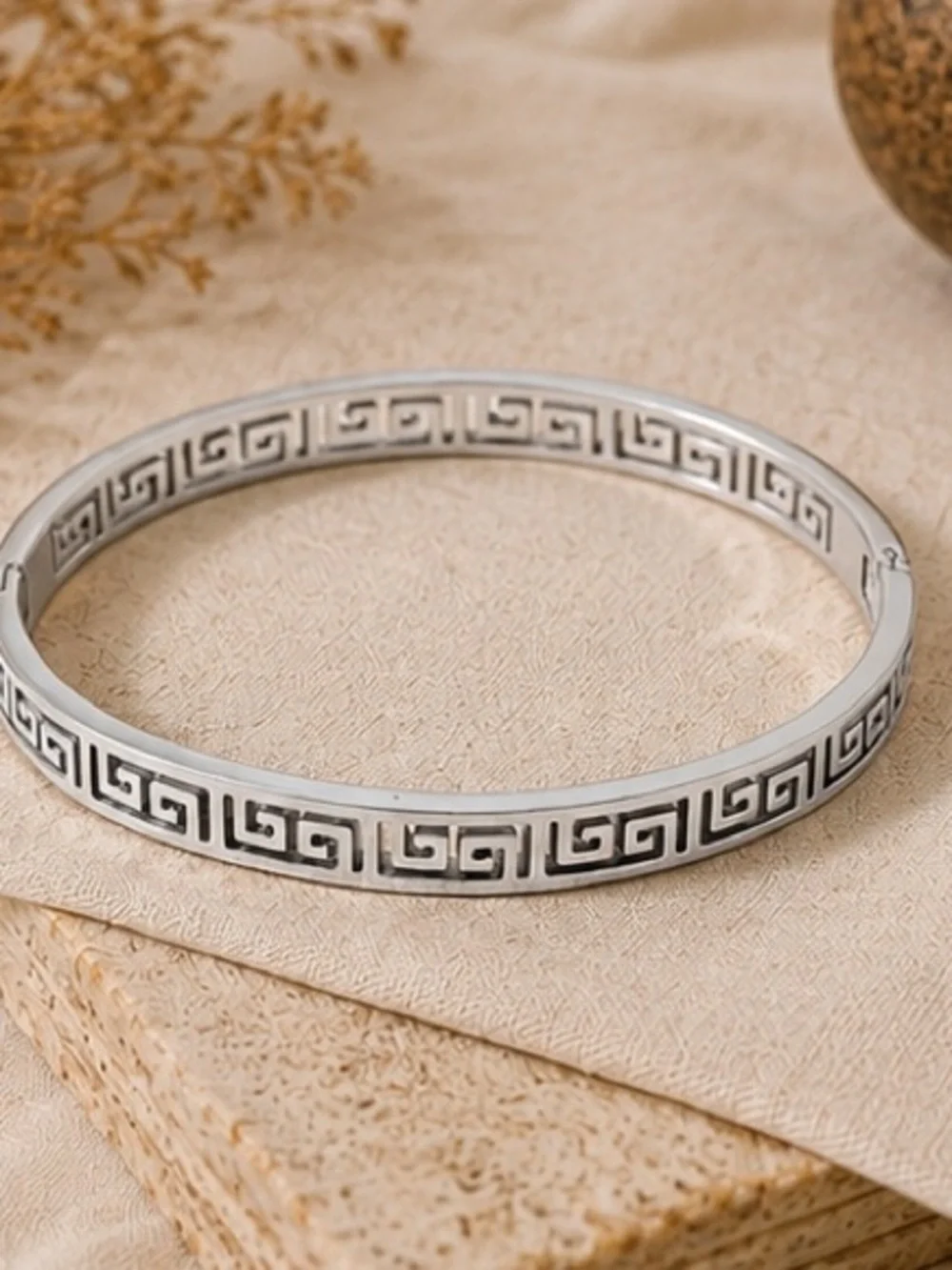 Designer Inspired Greek Key Silver Hinge Bangle | 💦Waterproof